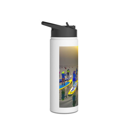 Fantasy Paddleboarding Stainless Steel Water Bottle featuring vibrant paddleboarders on calm water at sunset, showcasing elegance and adventure.