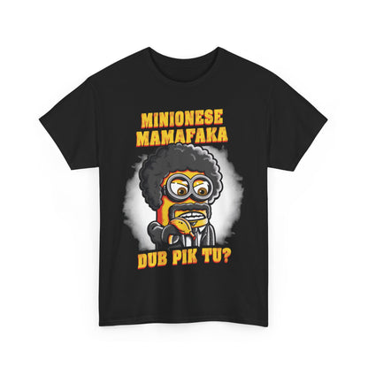 Casual unisex t-shirt showcasing a hilarious Minion character in a suit, complete with sunglasses and the phrase 'MINIONESE MAMAFAKA DUB PIK TU?'. A great way to express your fun personality. T Shirt, Funny, Minions.