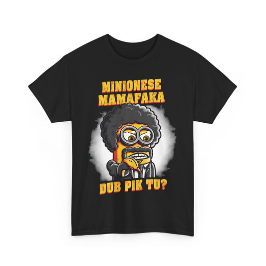 Casual unisex t-shirt showcasing a hilarious Minion character in a suit, complete with sunglasses and the phrase 'MINIONESE MAMAFAKA DUB PIK TU?'. A great way to express your fun personality. T Shirt, Funny, Minions.