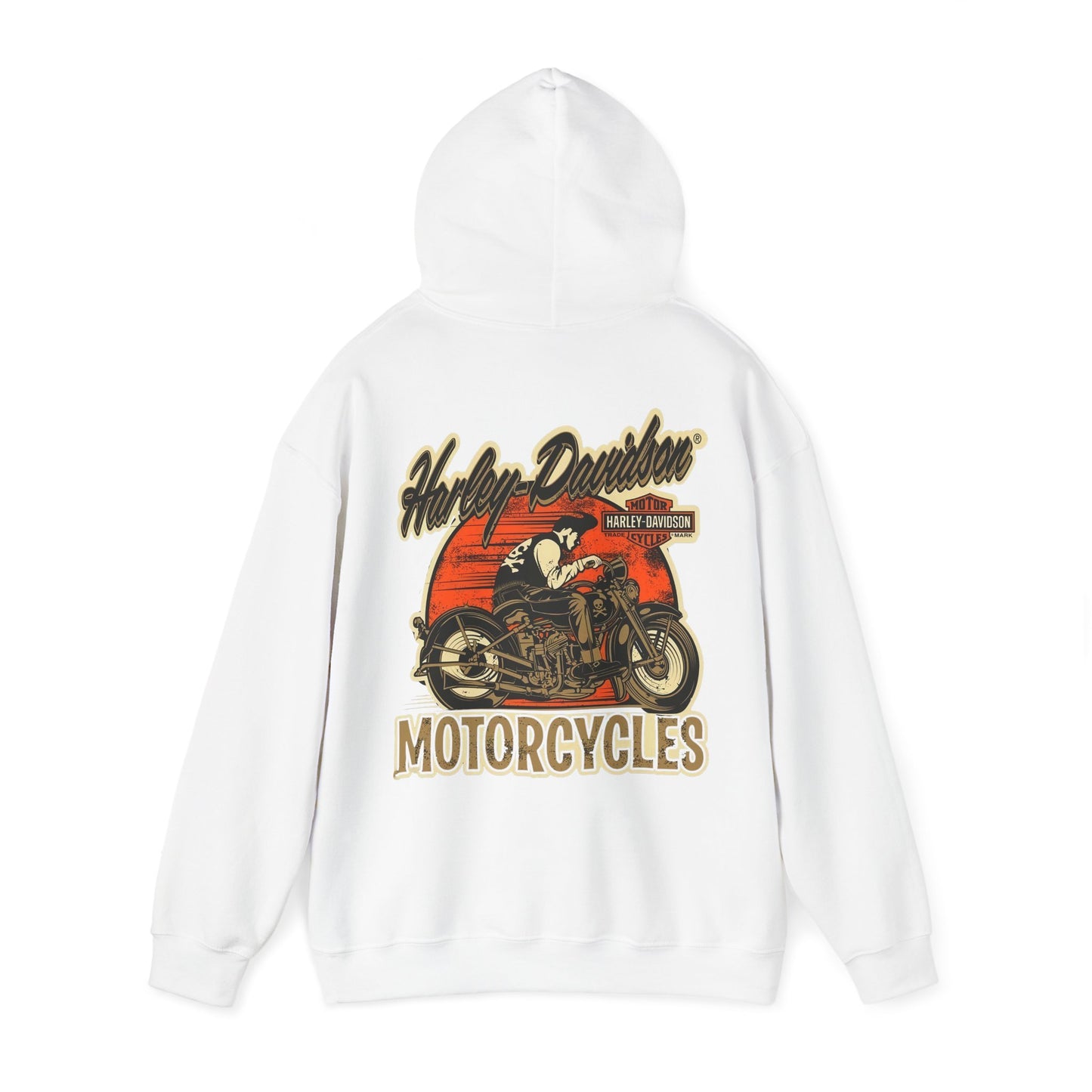 Sophisticated white vintage Harley-Davidson hoodie displaying a captivating motorcycle print and distinct branding, combining comfort with a sense of freedom.