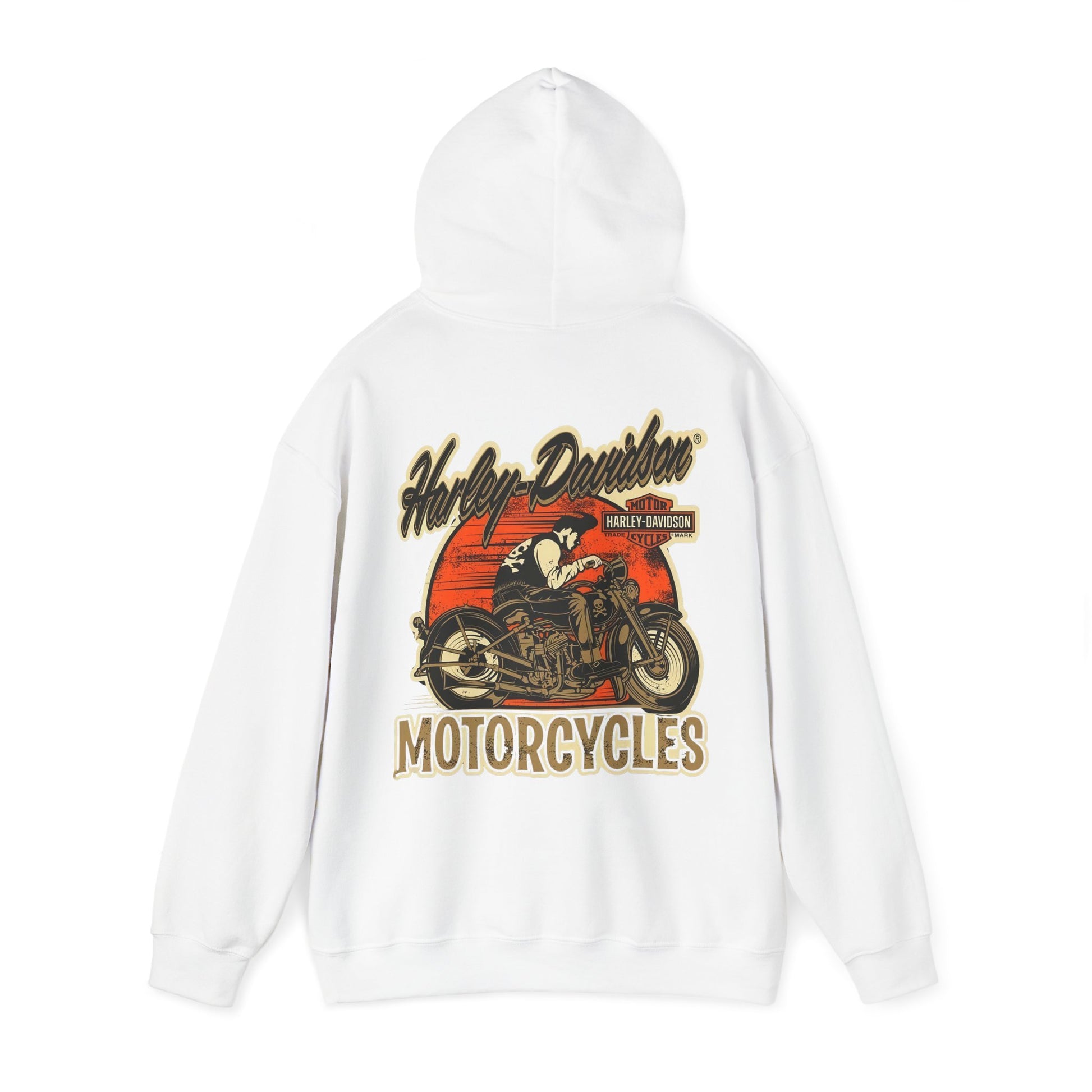 Sophisticated white vintage Harley-Davidson hoodie displaying a captivating motorcycle print and distinct branding, combining comfort with a sense of freedom.