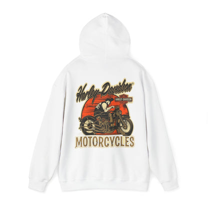 Sophisticated white vintage Harley-Davidson hoodie displaying a captivating motorcycle print and distinct branding, combining comfort with a sense of freedom.