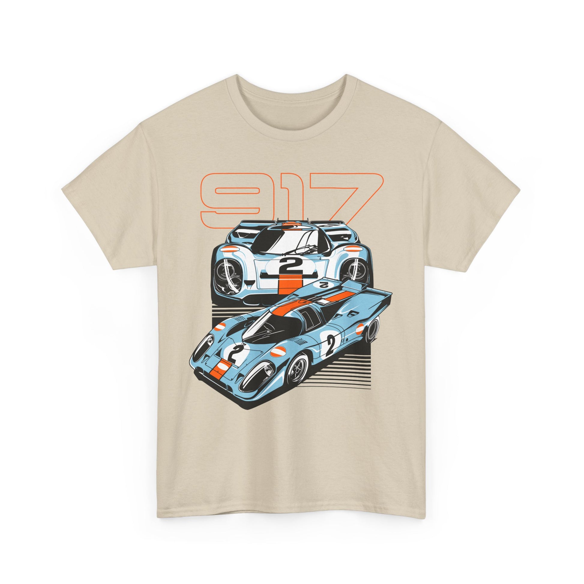 Elegant beige t-shirt adorned with a striking graphic of two Porsche 917 race cars and bold orange details, perfect for car lovers.