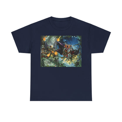 Discworld Mort Graphic Unisex T-Shirt in deep navy, showcasing the exquisite cover artwork from Mort by Terry Pratchett, made with high-quality cotton for ultimate comfort.