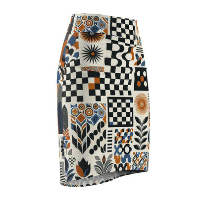 Evelyn Chicane Pencil Skirt by Dazzling Dreams Studio, featuring a contemporary pattern of checkerboards and block prints on a bright white backdrop, showcasing modern elegance and exceptional comfort.