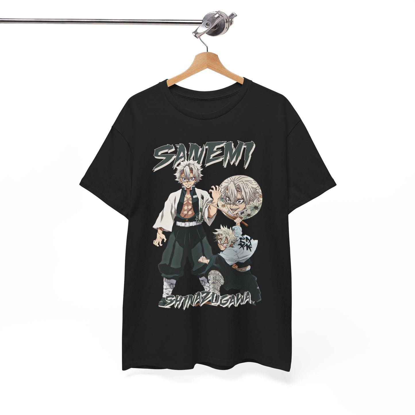 Elegantly crafted Sanemi Shinazugawa T-shirt in classic black featuring a striking anime design of the character Sanemi, showcasing dual perspectives and bold typography to highlight his fierce persona.