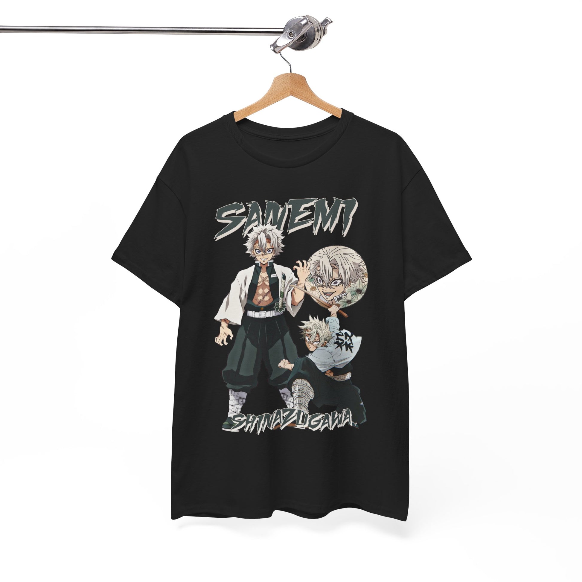 Elegantly crafted Sanemi Shinazugawa T-shirt in classic black featuring a striking anime design of the character Sanemi, showcasing dual perspectives and bold typography to highlight his fierce persona.