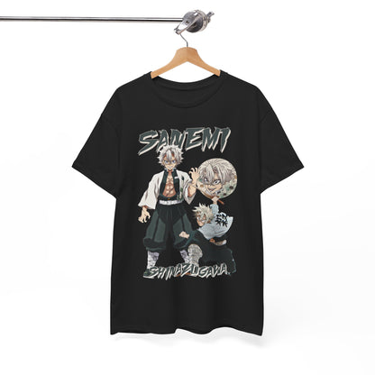 Elegantly crafted Sanemi Shinazugawa T-shirt in classic black featuring a striking anime design of the character Sanemi, showcasing dual perspectives and bold typography to highlight his fierce persona.