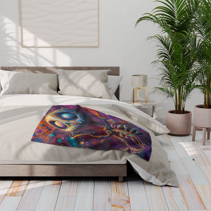 Decorative and Warm Halloween Skellington Spooky Arctic Fleece Blanket creatively arranged on a modern bed, an exquisite addition to your Halloween decor collection.