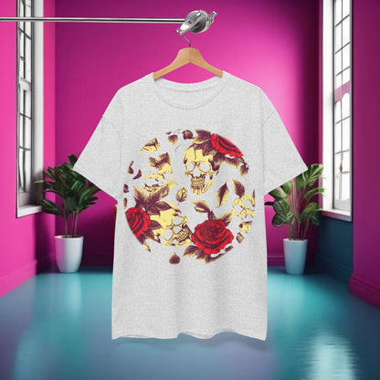Stylish Skulls and Roses Cotton Tee displayed in a chic interior, showcasing its unique graphic design perfect for trendy outfits.