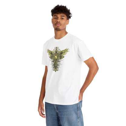 Model showcasing a luxurious white men's t-shirt adorned with intricate celestial cross and wing graphics, exuding a stylish urban vibe.