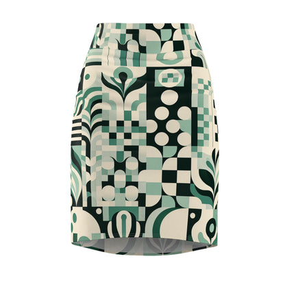 Elegant pastel green pencil skirt featuring unique checkerboard and organic print, designed by Dazzling Dreams Studio.