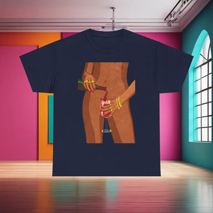 Vibrant Wine Glass Womens Graphic T-Shirt Urban Cotton Tee displayed in a vivid interior setting, highlighting a creative motif of a woman elegantly pouring wine, an exquisite choice for fashion-forward individuals.
