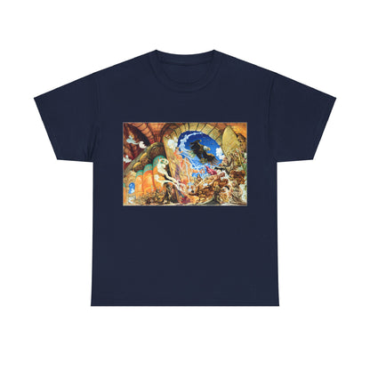 Discworld Small Gods Graphic Unisex T-Shirt featuring intricate artwork depicting a vibrant scene from Terry Pratchett's Discworld, designed for elegance and comfort.