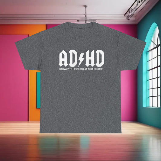 Elegant AD HD Rockers AC DC Graphic T-Shirt in dark grey, showcasing striking white lettering, perfect for fashion-forward fans.
