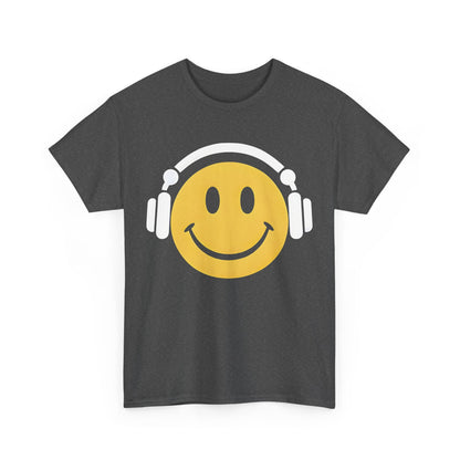 Enchanted Harmony Graphic T-Shirt displaying a playful yellow smiley face with sleek white headphones on a modern grey cotton tee, a luxurious addition to any casual outfit.