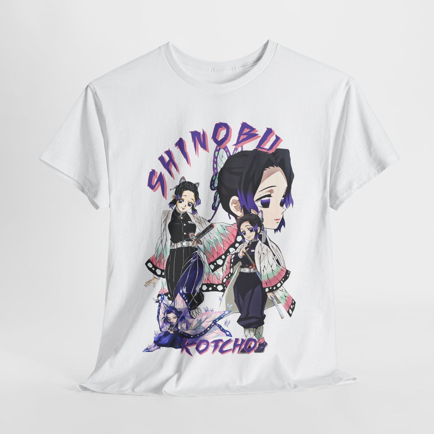 Gracefully styled white T-shirt highlighting a vibrant design of Shinobu Kocho from Demon Slayer, combining art and comfort for the discerning fan.