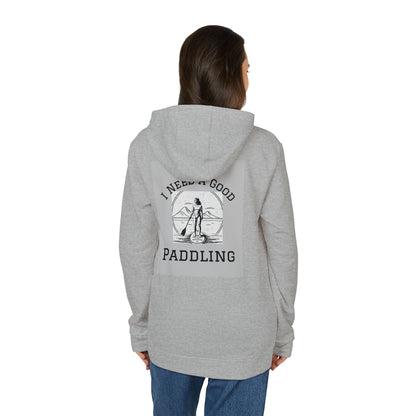 Rear view of a female model in the Adidas Women’s Fleece 'I Need a Good Paddling' Hoodie in Grey, highlighting the stylish design for eco-conscious paddleboarding.