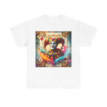 Harlequin Playing Card Graphic Tee in white, adorned with a striking harlequin pattern and playful clown graphic, perfect for elevating casual attire with luxury style.