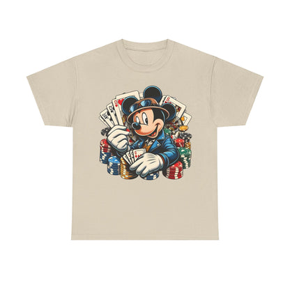 Mickey Mouse Poker Graphic Tee - Elegant unisex shirt displaying Mickey Mouse in a stylish poker outfit with colourful poker chips, ideal for stylish game night attire.