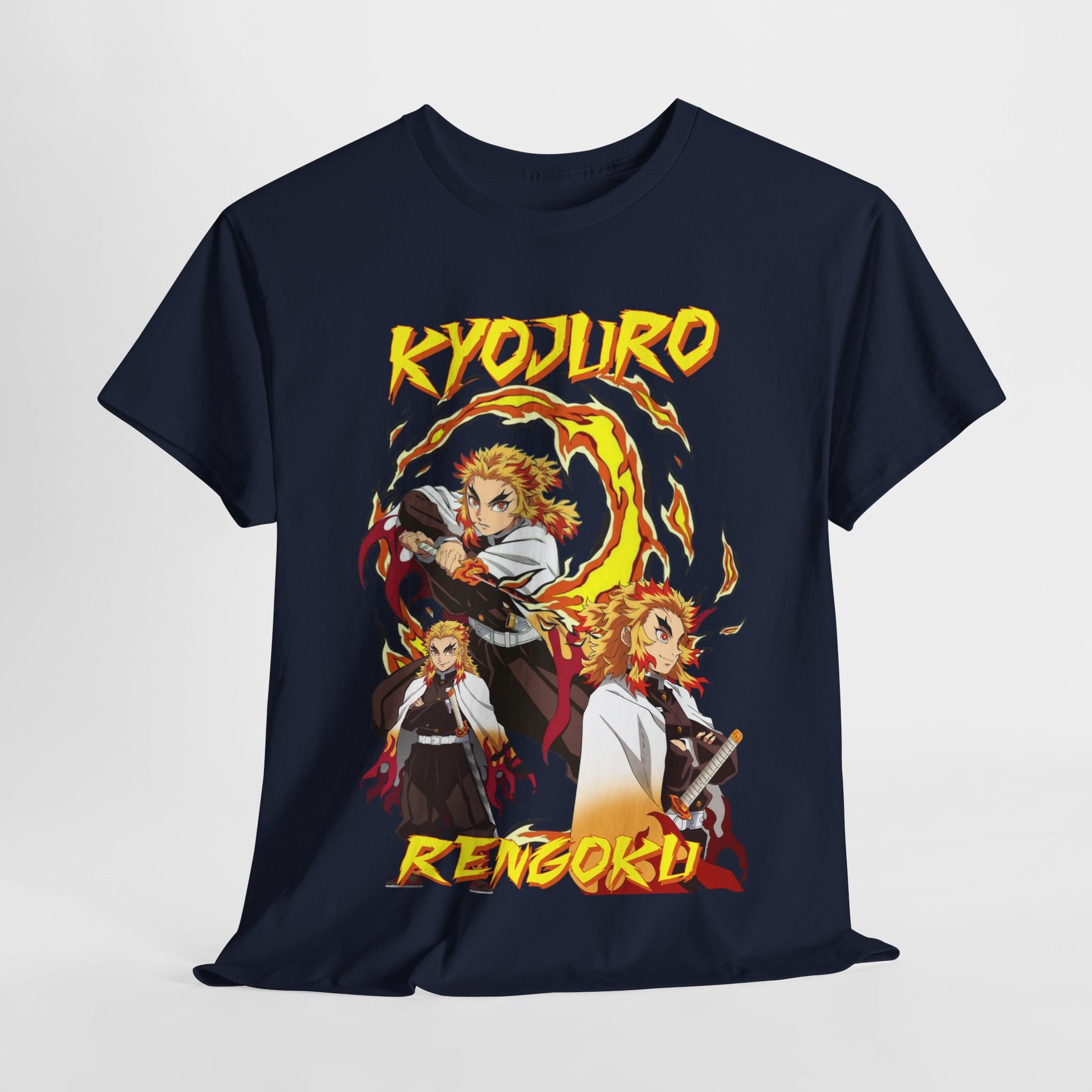 Elegant navy blue Kyojuro Rengoku graphic tee showcasing dynamic artwork, perfect for adding a touch of anime style to your wardrobe.