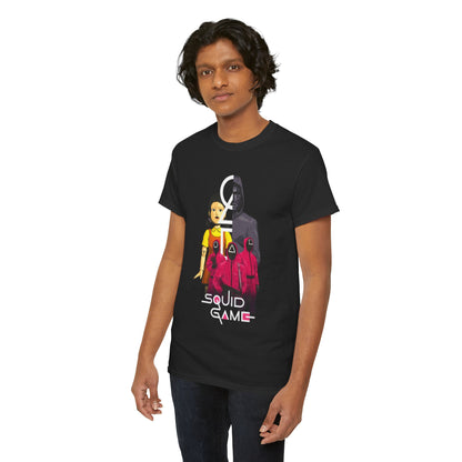 Stylish black t-shirt showcasing distinctive Squid Game visuals, suitable for both men and women, ideal for passionate fans of exceptional storytelling.