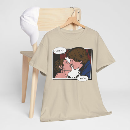 Stylish Star Wars 'I Know' graphic t-shirt, artistically rendered with Han Solo and Princess Leia's romantic moment, designed for discerning fans of the saga.