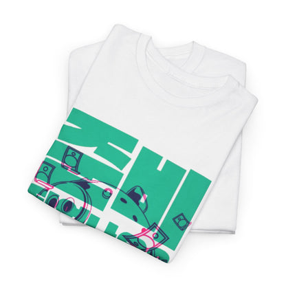 Stylish folded white Squid Game graphic t-shirts, featuring engaging teal and pink designs with money and eye elements, ideal for those who appreciate unique fashion.