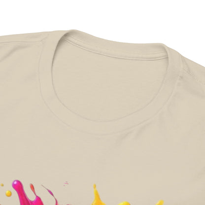 Close-up of the neckline of the Men's Funny Minion Paint Splash T-Shirt, showcasing the soft fabric and vibrant paint splash design. Ideal for fans of fun and quirky fashion. T Shirt, Funny, Minions.