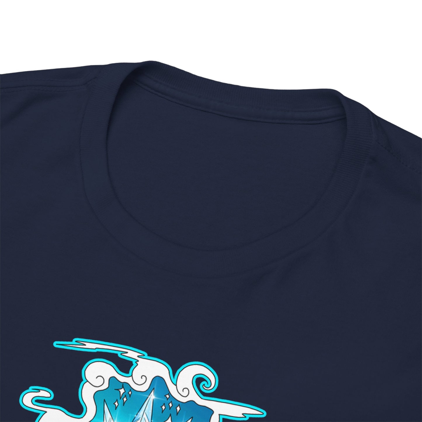 Close-up view of the neckline of a luxury navy t-shirt, showcasing premium fabric and artistic marine design details, tailored for discerning anime lovers.