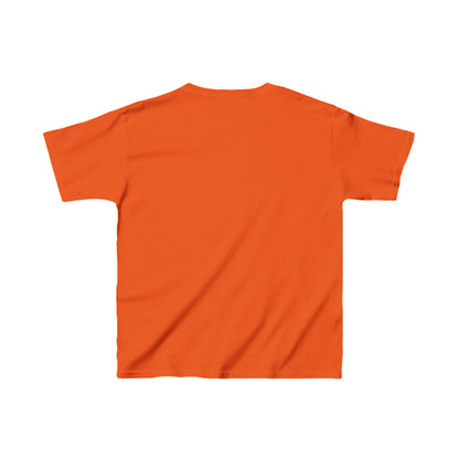 Kids Cute Kitten Halloween T-shirt in bright orange, made of durable heavy cotton, perfect for celebrating Halloween in style.