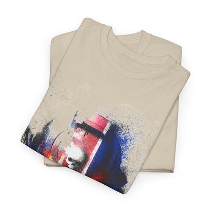 Finely crafted cotton t-shirts featuring an eye-catching helmet design with dramatic splashes of blue and red, offering a luxurious touch to casual attire with a distinct pop culture flair.