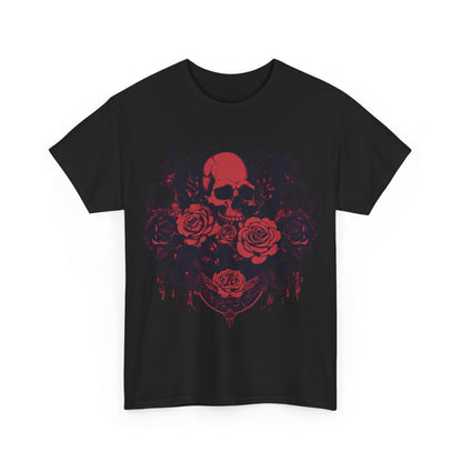 Front view of the Skulls and Roses Cotton Tee, featuring an intricate graphic design of skulls and roses, perfect for a bold yet sophisticated fashion statement.