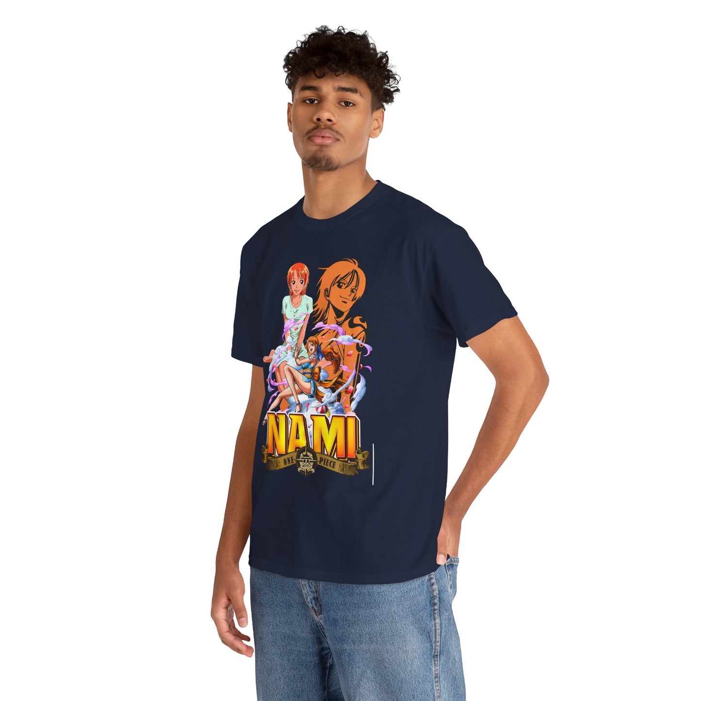 Fashionable navy t-shirt modelled by a man, showcasing dynamic Nami anime art from One Piece, blending comfort with luxury style.
