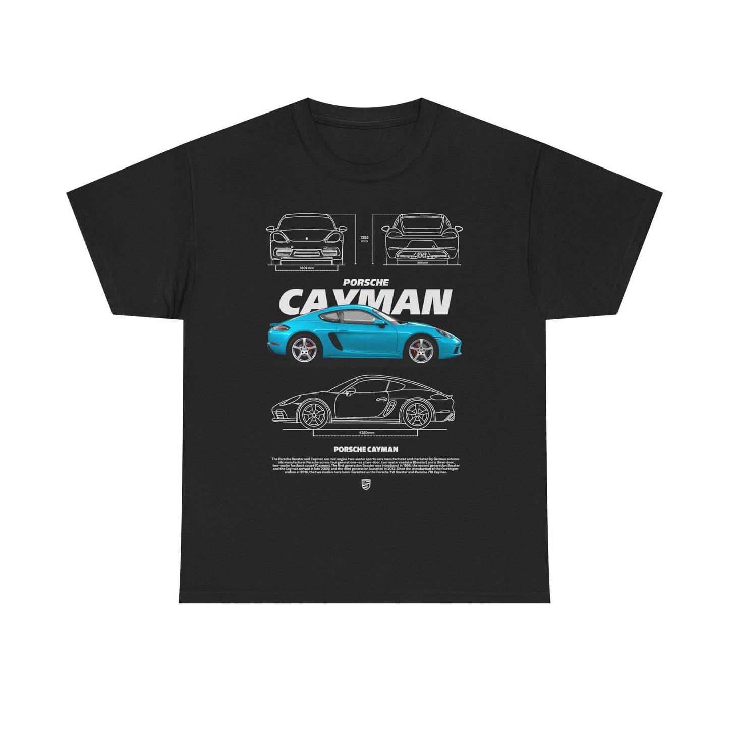 Elegant black t-shirt showcasing a striking Porsche Cayman graphic design, with intricate illustrations and historical details, perfect for automotive aficionados.