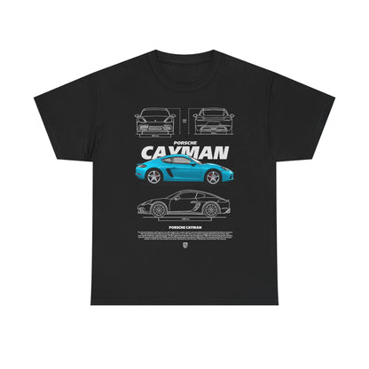 Elegant black t-shirt showcasing a striking Porsche Cayman graphic design, with intricate illustrations and historical details, perfect for automotive aficionados.