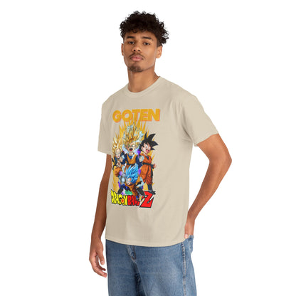 Luxurious Dragon Ball Z-inspired T-shirt featuring vibrant Goten and iconic characters, perfect for anime enthusiasts.