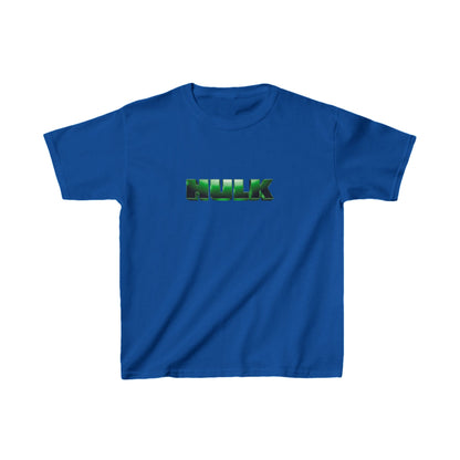 Kids Incredible Hulk Heavy Duty T-Shirt in Deep Blue, adorned with the prominent Hulk logo for ultimate comfort and robustness.