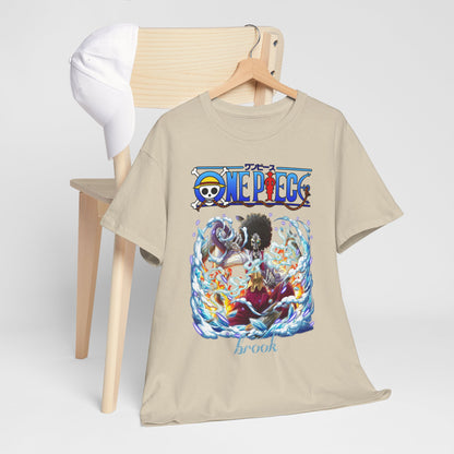 Elegant beige men's t-shirt showcasing a vibrant illustration of Brook from One Piece, embellished with dynamic elements of ice and fire, displayed on a wooden hanger beside a stylish white cap.