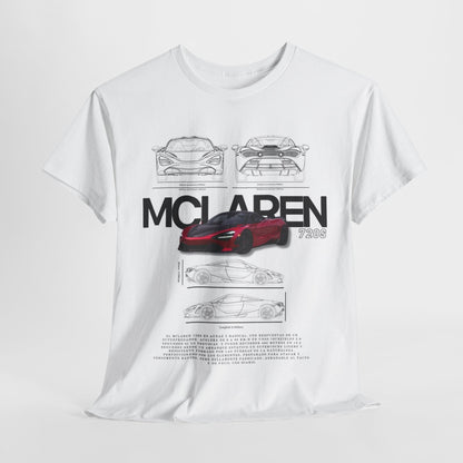 Luxury McLaren 720S T-Shirt featuring intricate technical drawings and vibrant imagery of the car, perfect for automotive enthusiasts.