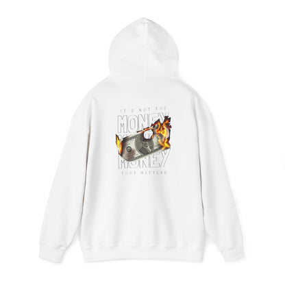 Bold white hoodie featuring a striking 'IT'S NOT THE MONEY' graphic with a fiery dollar bill, ideal for making a statement.