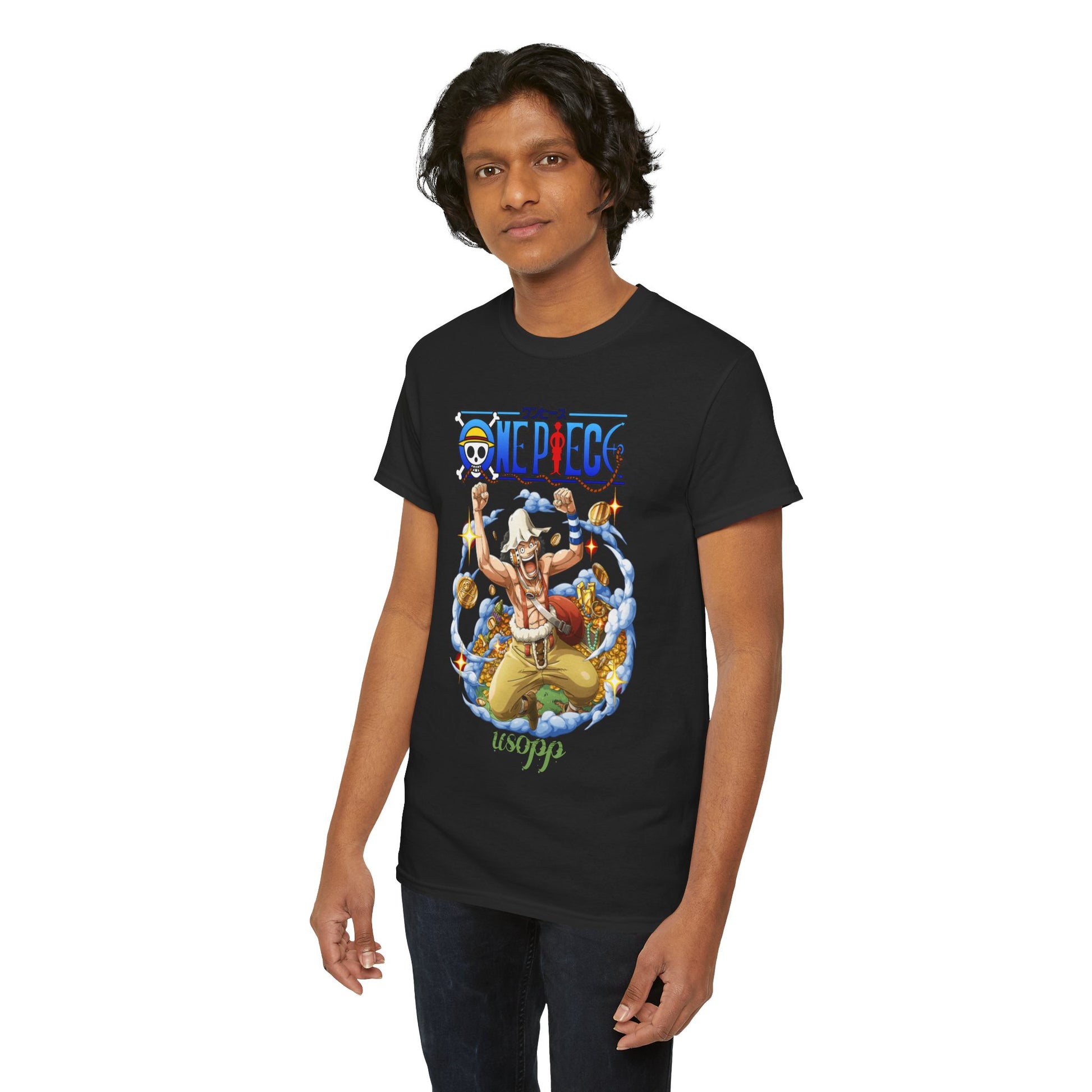 Stylish model showcasing the Dynamic Usopp Men's T-Shirt, emphasising its vibrant design and high-quality fit, ideal for discerning fans of One Piece seeking fashionable anime apparel.