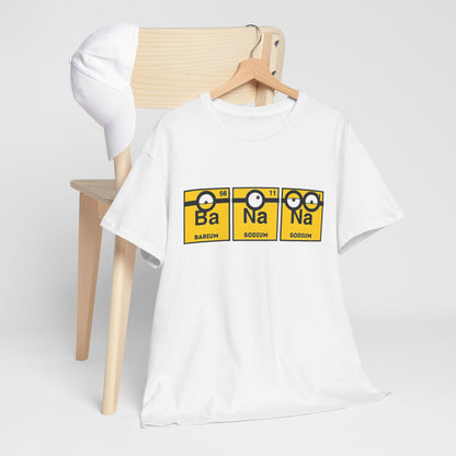 Men's Funny T-Shirt on a wooden chair next to a cap, featuring the Minions Periodic Table with Ba, Na, Na. A fun and stylish way to showcase your love for science and Minions while staying comfortable.
