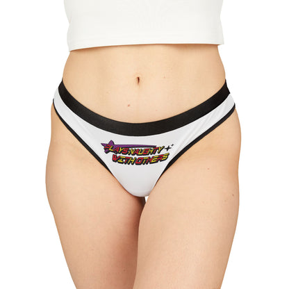 Elegant women's thong lingerie featuring the bold design "Plays Naughty With Others" on a white background, showcasing a luxurious and playful aesthetic.