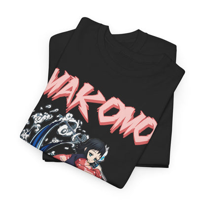 Premium folded black Makomo anime T-shirt featuring a unique water splash design. The intricate artwork of Makomo adds a touch of sophistication, making it a perfect addition to any collector's wardrobe.
