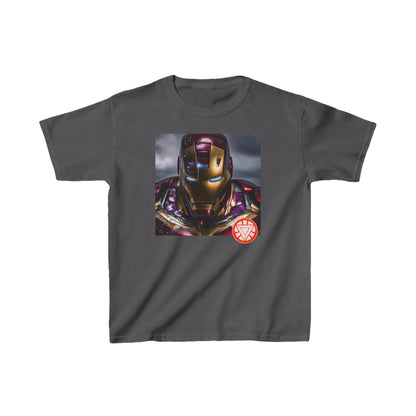 Chic Kids Heavy Cotton Iron Man T-Shirt featuring an impressive Iron Man graphic on charcoal fabric, available in 16 vibrant colours.