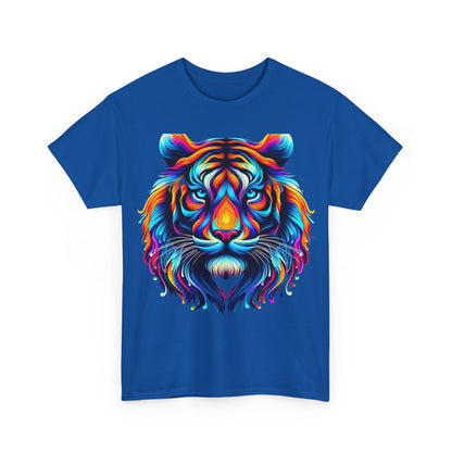 Tiger's Whimsy Graphic Tee showcasing a vibrant, kaleidoscopic tiger design on a cerulean blue t-shirt, perfect for art enthusiasts.