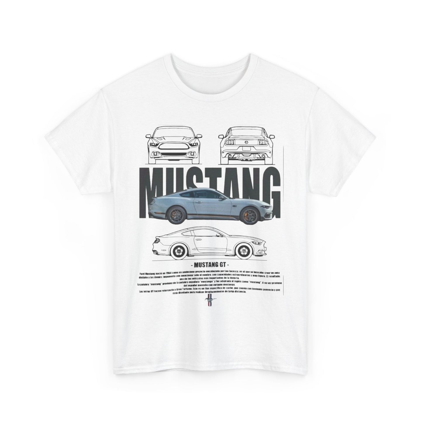 Artistic rendering of a Ford Mustang GT T-shirt in white, highlighting meticulous car designs and compelling narratives beneath the prominent 'MUSTANG GT' text.