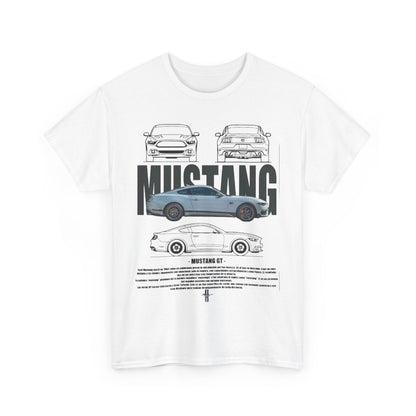 Artistic rendering of a Ford Mustang GT T-shirt in white, highlighting meticulous car designs and compelling narratives beneath the prominent 'MUSTANG GT' text.