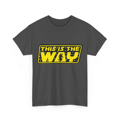 Mandalorian Star Wars This is the Way Logo Graphic Unisex Tee Shirt in dark grey, featuring a bold yellow logo on the front.